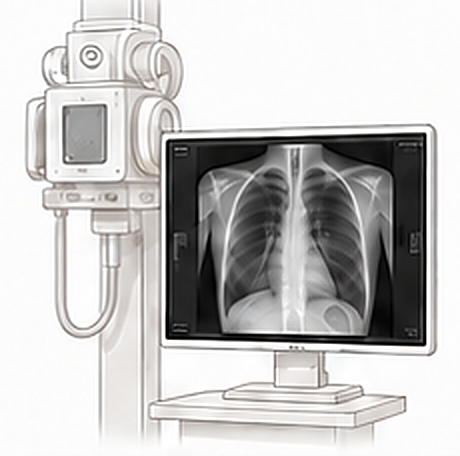 흉부 X-ray 촬영 장비와 흉부 영상이 띄워진 모니터
